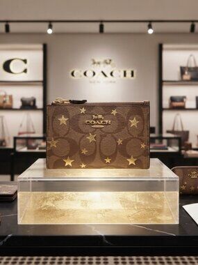 Coach Brown Canvas Star Zip Card Case with Gold Stars